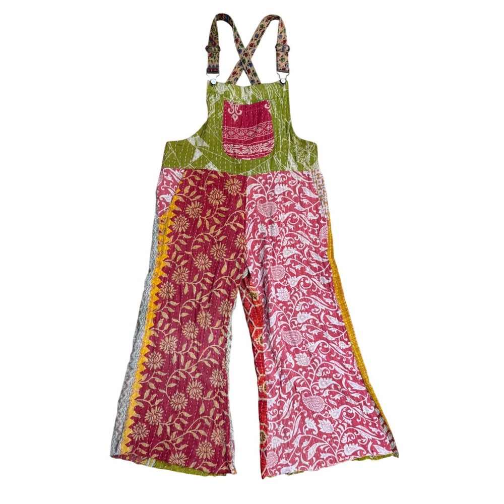 Karma Nepal Craft Kantha Patchwork Overalls Boho Wide Leg hippie artsy Cotton - Picture 1 of 8